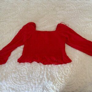 Red Smocked Crop Top with with Sheer Sleeves